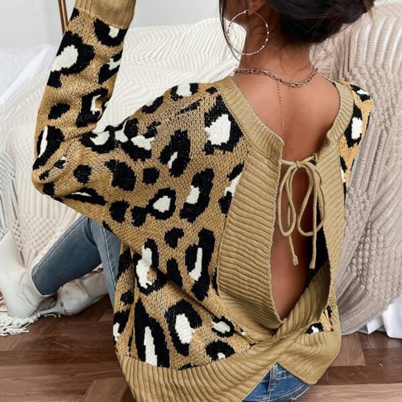 MODA ME COUTURE Sweaters - tan Leopard Print Open Back oversized Sweater top